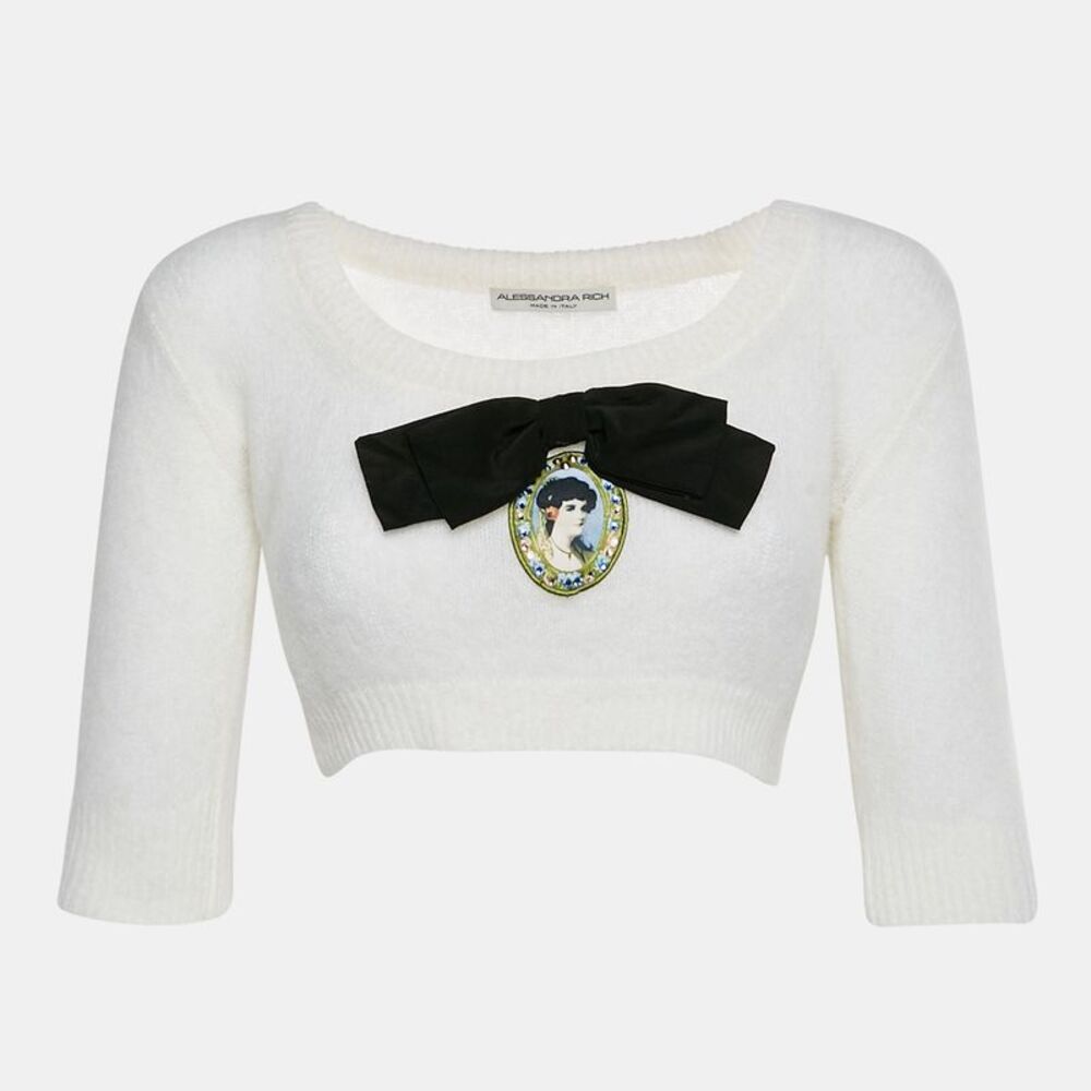 Alessandra Rich White Brushed Knit Portrait Cameo Appliqué Crop Top S